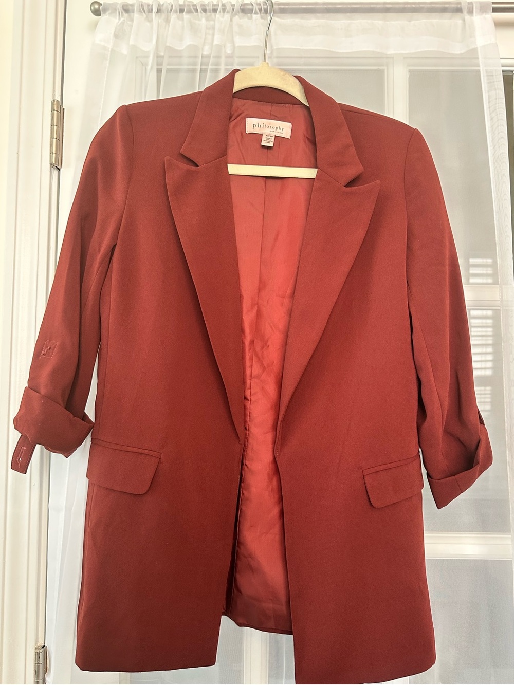 Philosophy Rust Longline Boyfriend Blazer XS Open Front Ruched Sleeve Jacket